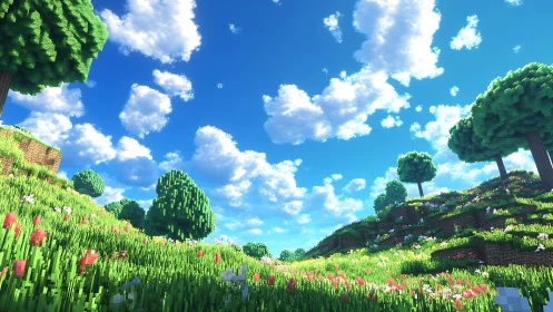 Voxel meadow landscape renders stylized spring terrain under clouds