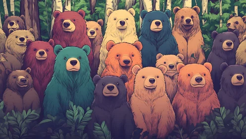 Colorful bears gathered in dense green forest clearing.