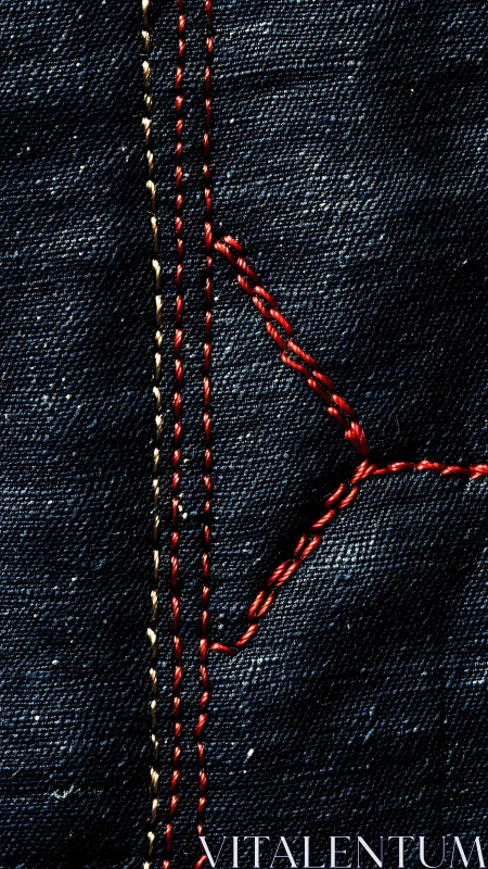 Macro view isolates denim fabric seams and red stitching