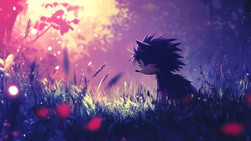 Blue hedgehog silhouette under glowing twilight meadow