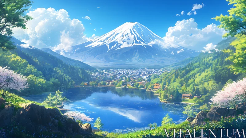 Panoramic digital vista of Mount Fuji above reflective lake basin