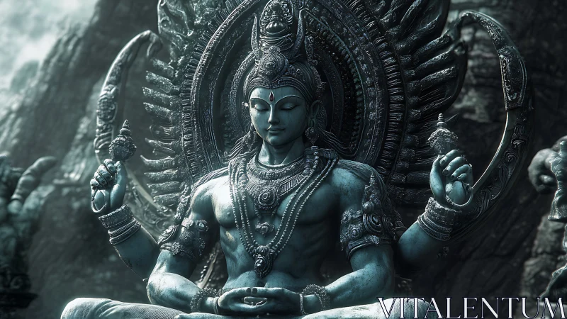 Digital rendering depicts multi-armed seated deity sculpture
