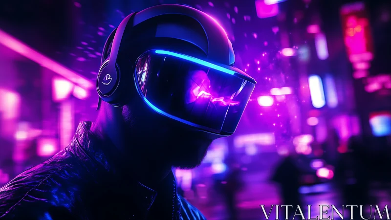 Neon night wanderer exploring a luminous virtual cityscape.