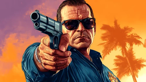 Armed tough guy dominates neon sunset with bold stance.