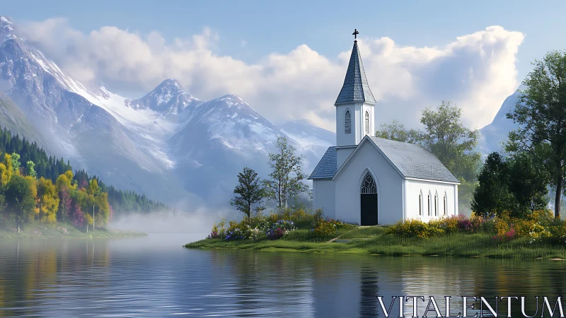 Lakefront chapel under volumetric light beside alpine mountains