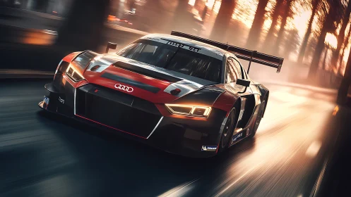Audi GT race car accelerates through sunlit forest circuit