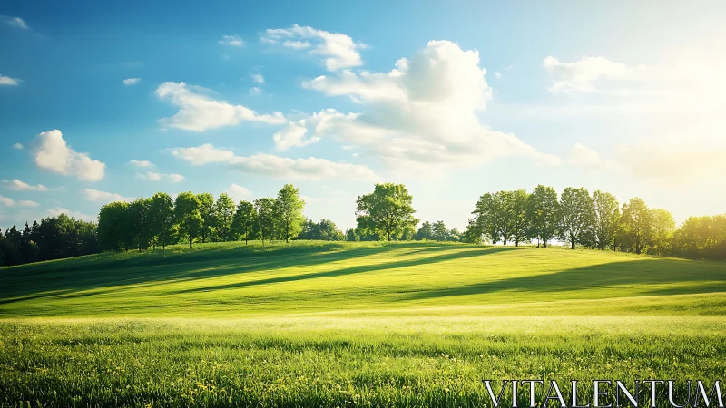 Sunlit hilltop trees casting long whispers across green fields.