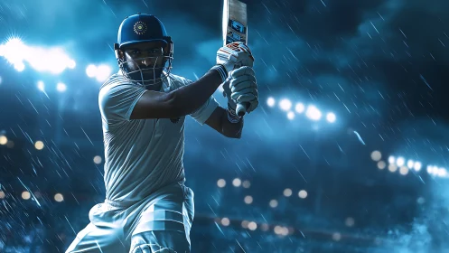 Storm-lit cricket warrior poised to strike under night rain.