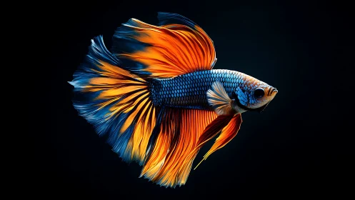 Vibrant betta fish render with flowing orange blue fins.
