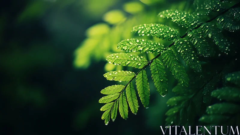 Fern fronds with water droplets in soft green light.