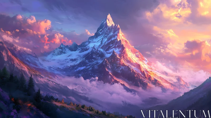 Radiant snow peak glows in surreal sunset sky above valleys.