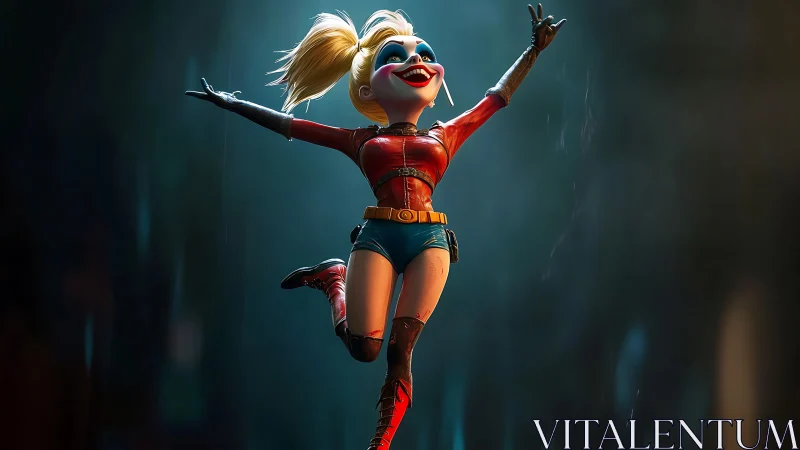 Stylized female jester figure in midair pose at night.