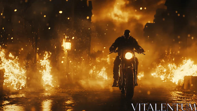 Motorcycle rider navigates apocalyptic fire-engulfed cityscape at night