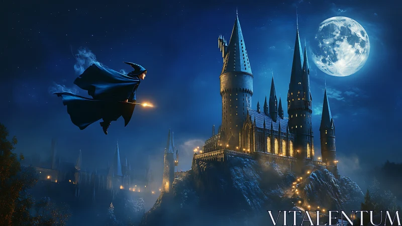 Robe clad figure on broom near illuminated hilltop castle at night.