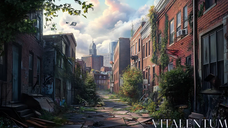 Overgrown city alleyway quietly reclaims a forgotten street