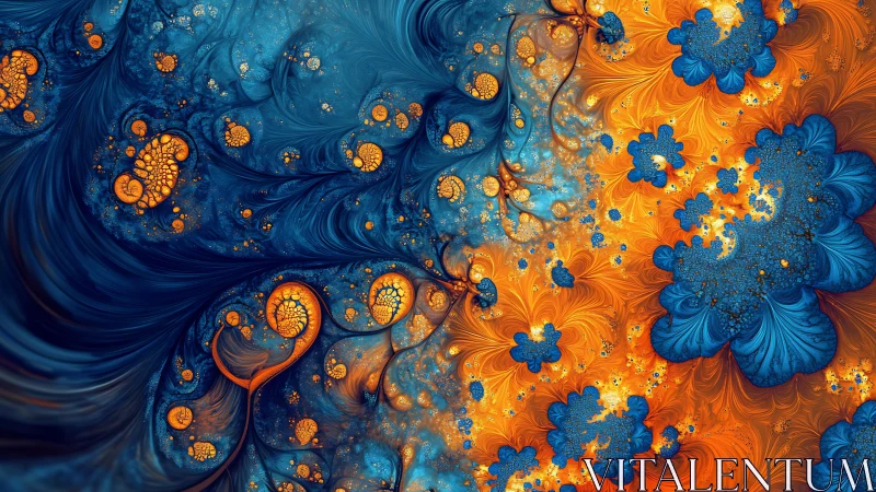 Fractal floral turbulence in blue and orange digital painting.