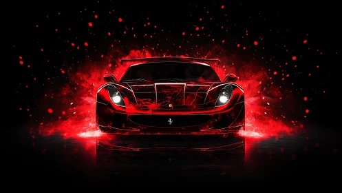 Red sports car bursts forward in high-contrast digital glow