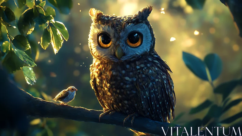 Whimsical Owl and Small Bird on Branch in Magical Forest Light.