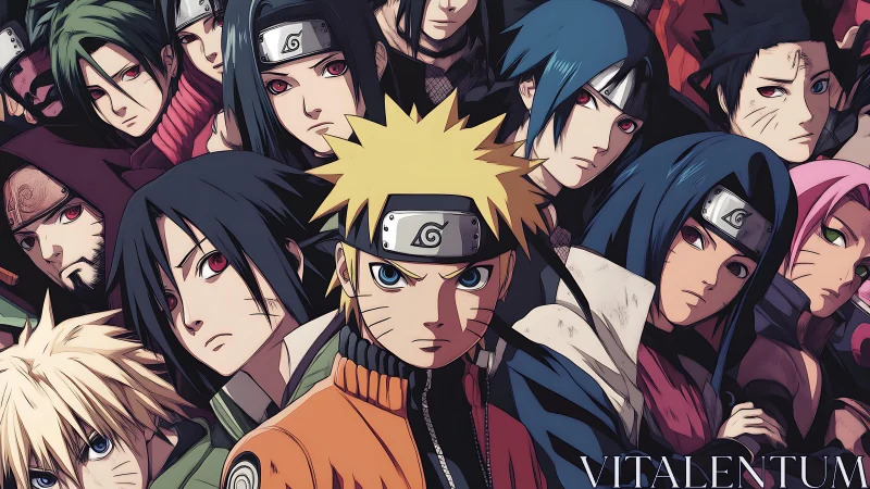 Intense anime ninja ensemble with layered character portraits.