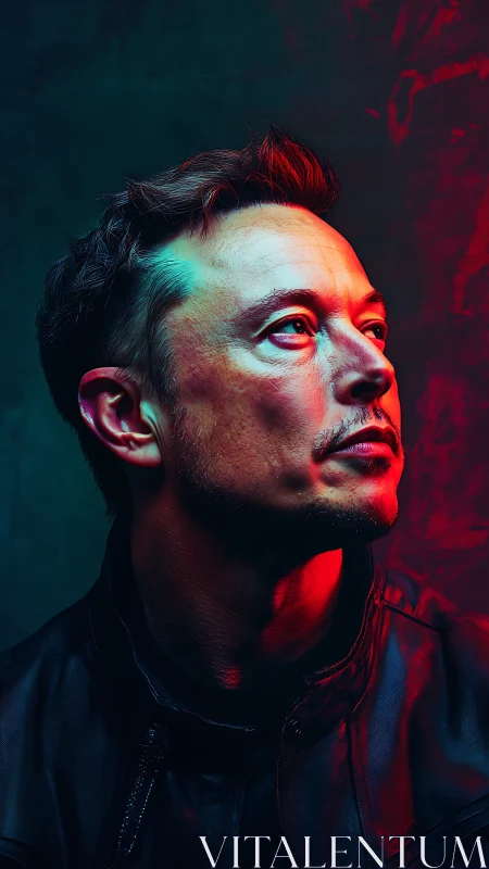 Neon-lit male portrait in dramatic dual color lighting.