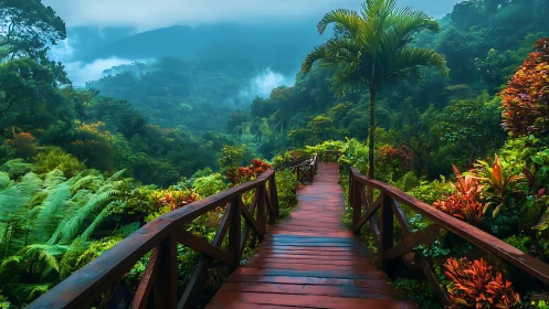 Misty rainforest boardwalk winding into emerald cloud dreams.