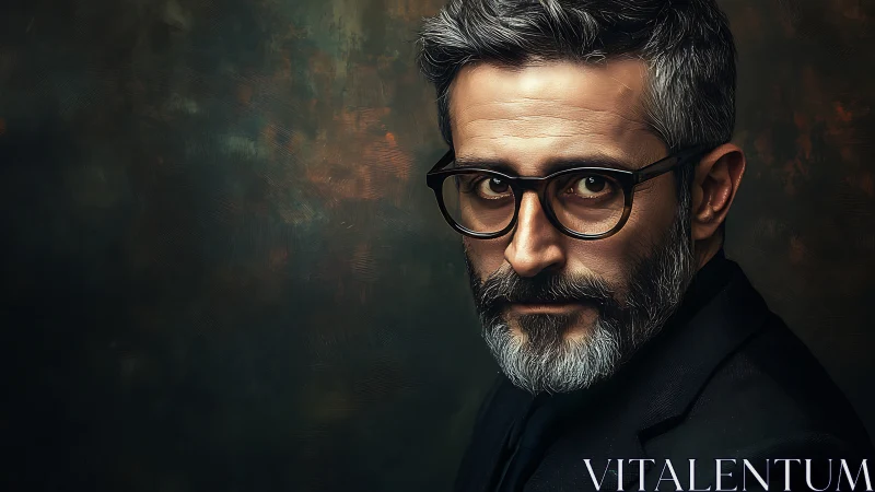 Grey-bearded intellectual in moody low-key studio portrait.