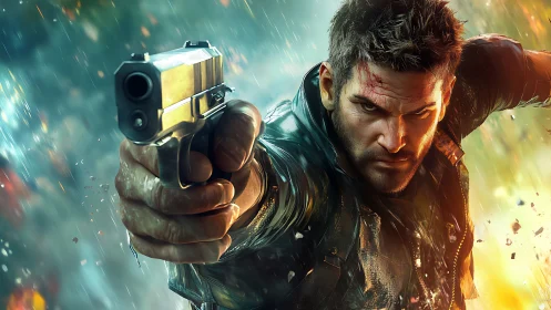 Digital action hero with handgun in dynamic rain combat