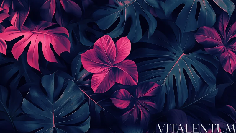 Neon-accent tropical foliage rendered with high-contrast chromatic lighting