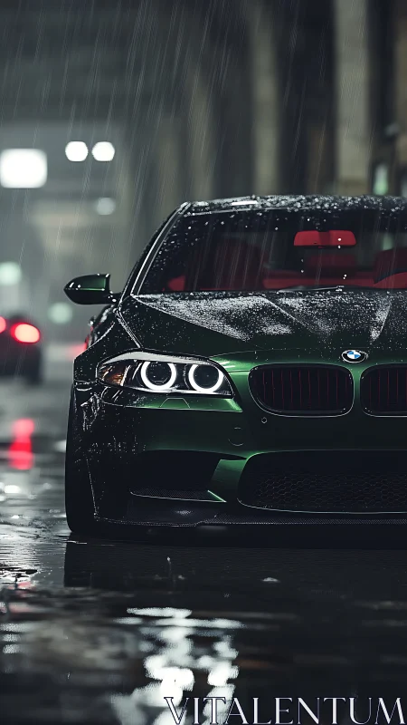 Gleaming green sports car waits confidently in the rainy night