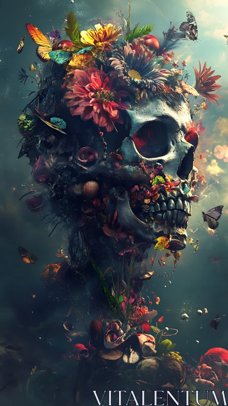 Floral ossuary vertex rendered as bio-luminous skull totem.