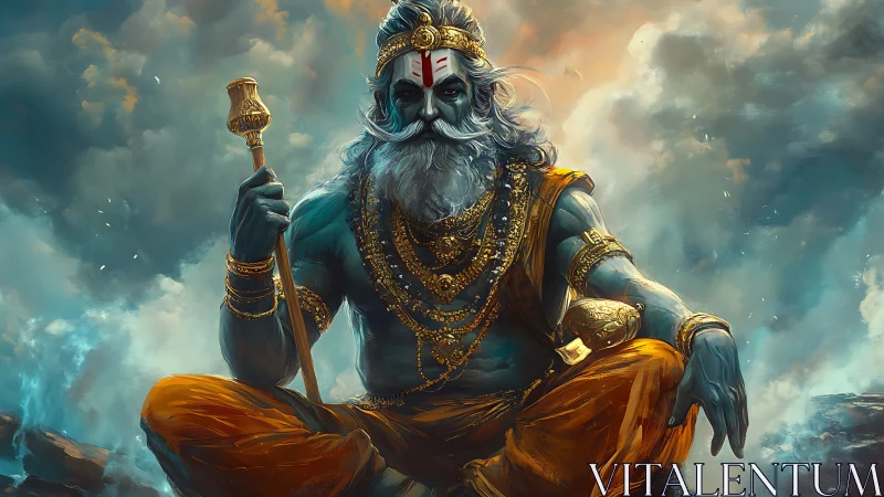 Majestic blue sage rests in golden robes amid swirling skies