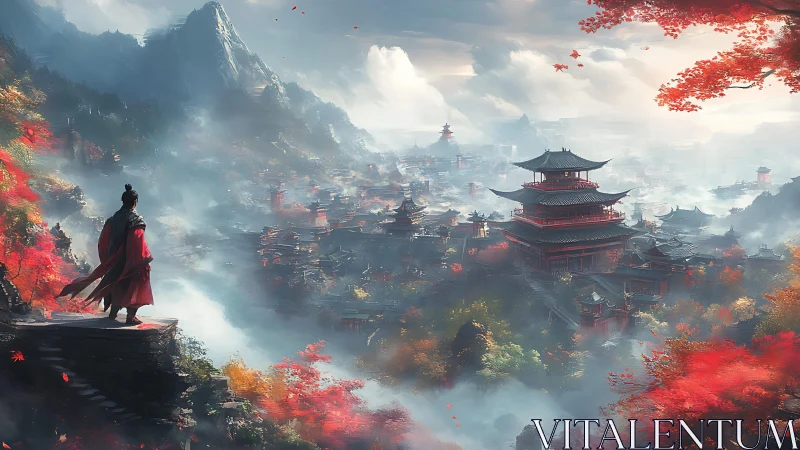 Figure on cliff overlooking misty valley cityscape.