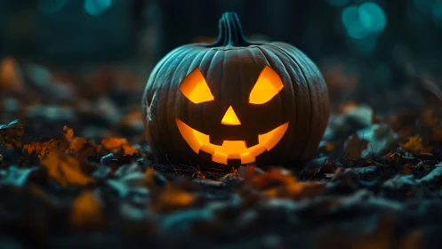 Glowing jack-o-lantern illuminates shallow-depth forest floor scene