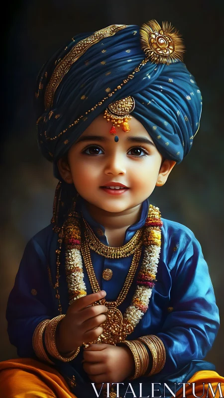 Radiant child prince smiles in rich blue turban and jewels
