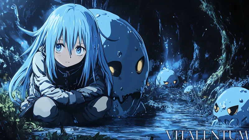 Melancholic blue-haired child rests among glowing cave slimes