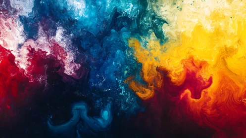 Chromatic fluid abstraction with intense red, blue, yellow fields.