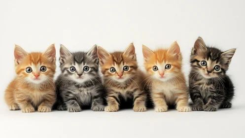 Five juvenile domestic felines display distinctive phenotypic colorations in frontal compositional a