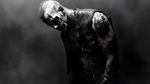 Leather-clad shadow warrior bows into the storm of silence