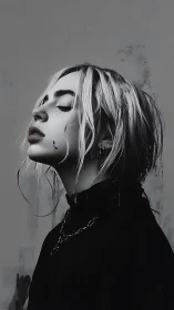 Monochrome portrait of pensive woman in soft side light.