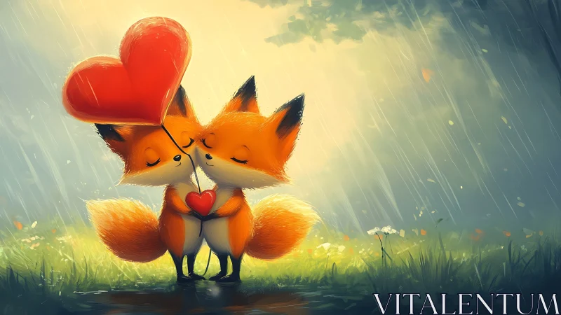 Digital painting of fox couple with heart balloon in rain.
