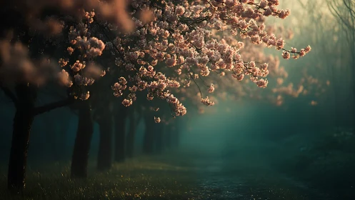 Cherry blossom trees line a dim, misty forest path
