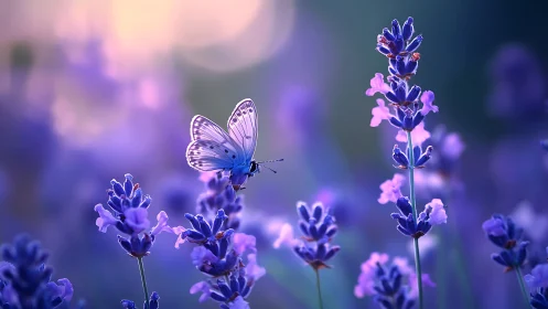 Lavender twilight ballet with a luminous blue butterfly.