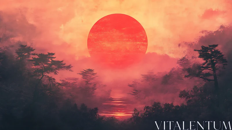 Red sun dominates misty forested landscape at horizon