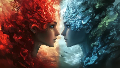 Dual elemental goddesses in fiery and icy opposition.