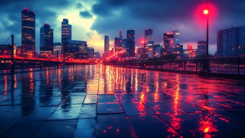 Cyberpunk skyline over wet neon promenade at nightfall.