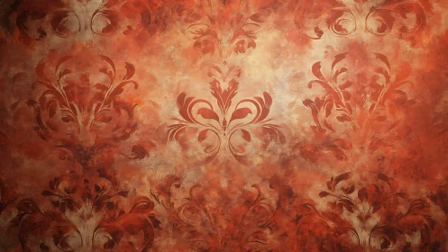 Ornate red damask pattern painted on textured plaster wall