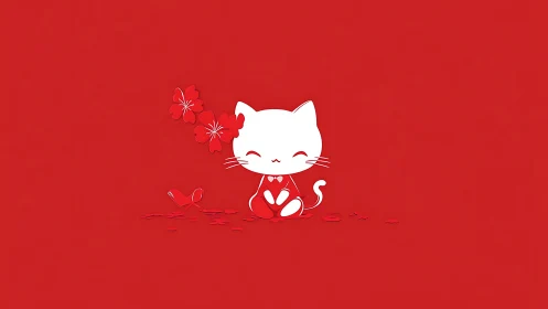 Adorable White Kitten Holding Flowers on Warm Red Background