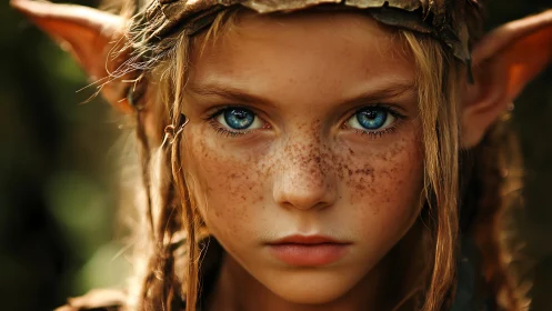 Forest sprite child with fierce blue eyes and elm-brown freckles.