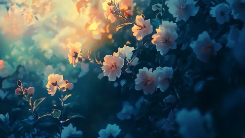 Golden Hour Garden Blooms with Serene Blue Twilight Magic