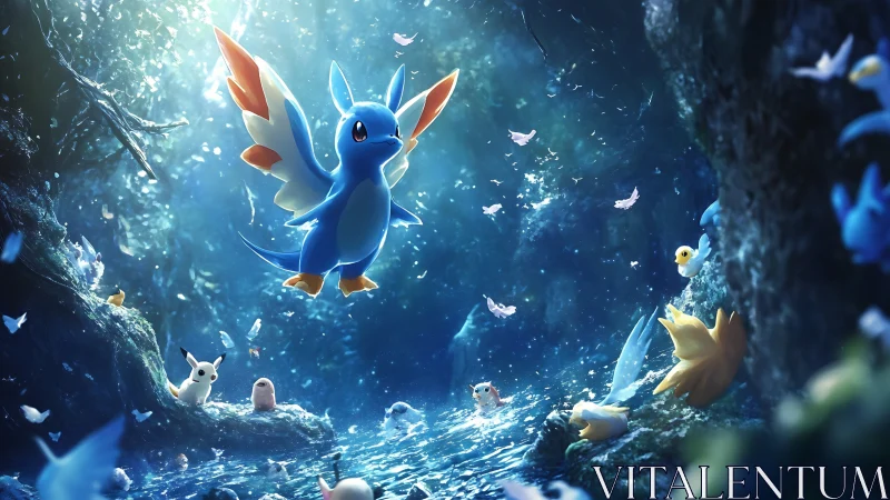 Luminous blue creature soaring in sparkling cavern poolscape.